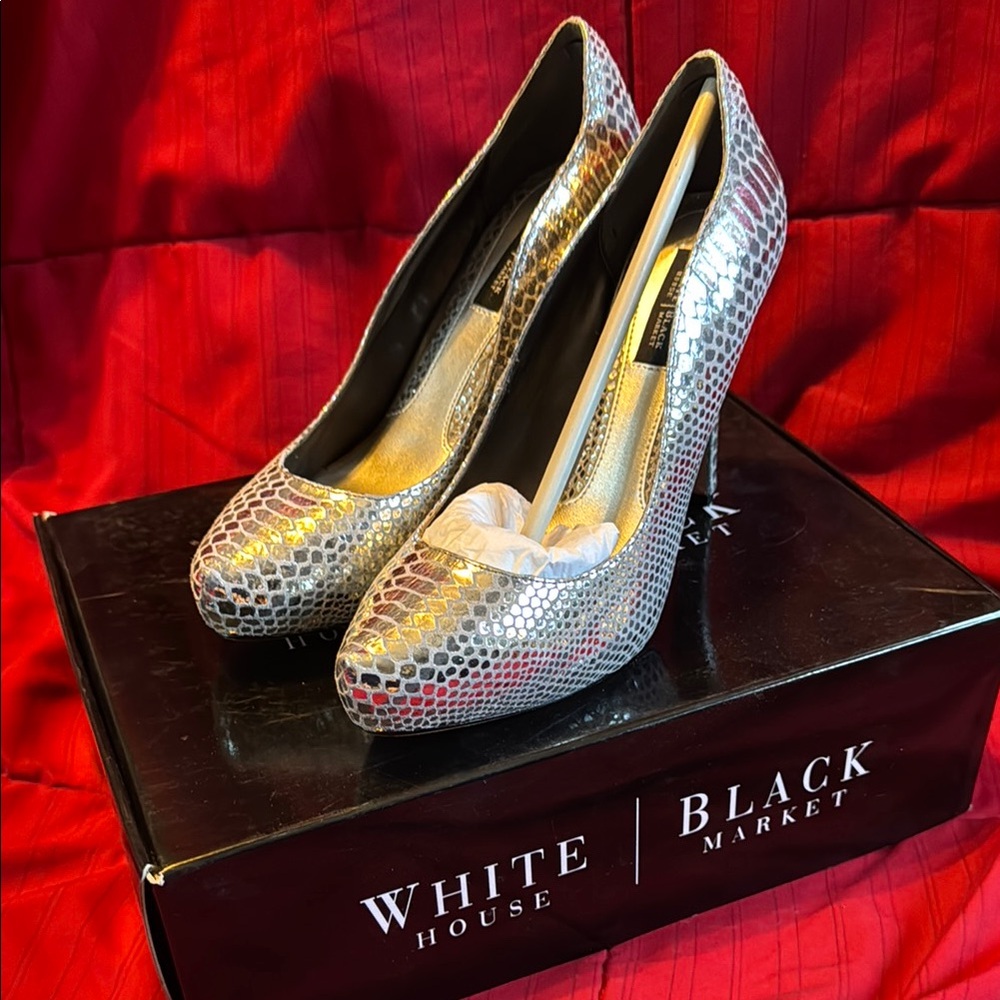 White House Black Market Silver Snake Pattern Heels